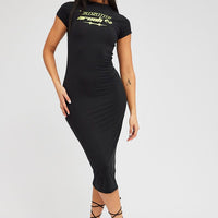 Black Midi Dress Short Sleeve Crew Neck Bodycon Graphic