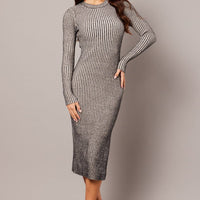 Black Stripe Midi Dress Long Sleeve Round Neck Rib Knitted