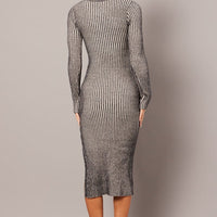 Black Stripe Midi Dress Long Sleeve Round Neck Rib Knitted