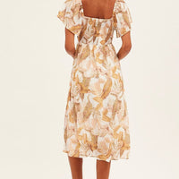 Beige Floral Midi Dress Square Neck Short Sleeve