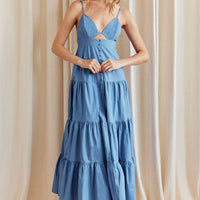 Blue Maxi Dress V-Neck Sleeveless Poplin