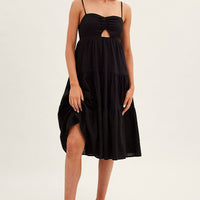 Black Midi Dress Sleeveless Ruched Tiered