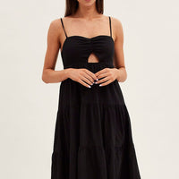 Black Midi Dress Sleeveless Ruched Tiered