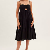 Black Midi Dress Sleeveless Ruched Tiered
