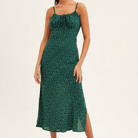Green Polka Dot Midi Dress Sleeveless Ruched Bust