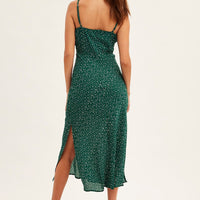 Green Polka Dot Midi Dress Sleeveless Ruched Bust