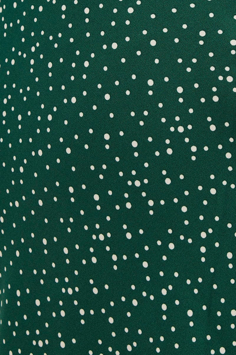Green Polka Dot Midi Dress Sleeveless Ruched Bust