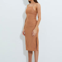 Beige Designer Linen Look Racer Neck Midi Dress
