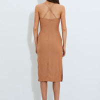 Beige Designer Linen Look Racer Neck Midi Dress