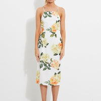 Print Designer Yellow Rose Racer Neck Slip Midi Dress