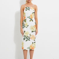 Print Designer Yellow Rose Racer Neck Slip Midi Dress