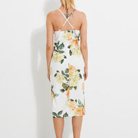 Print Designer Yellow Rose Racer Neck Slip Midi Dress