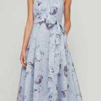 Long Printed Shimmer Organza Dress with Halter Neckline, Full Skirt and Tie Belt