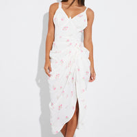 White Floral Draped Midi Dress Corset Detail Tie Shoulder