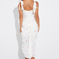 White Floral Draped Midi Dress Corset Detail Tie Shoulder