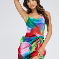 Multi Print Mini Dress Ruched Ombre Cowl Neck Satin