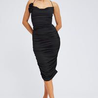 Black Bodycon Midi Dress Rose Strappy Rosette Gathered
