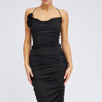 Black Bodycon Midi Dress Rose Strappy Rosette Gathered