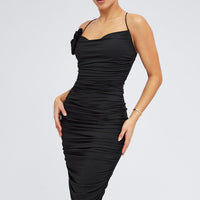 Black Bodycon Midi Dress Rose Strappy Rosette Gathered