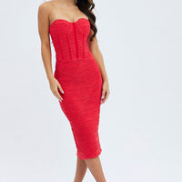 Red Textured Corset Bodycon Midi Dress