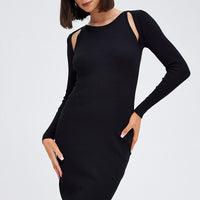 Black Midi Dress Long Sleeve Keyhole Bodycon Rib Knit