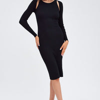 Black Midi Dress Long Sleeve Keyhole Bodycon Rib Knit