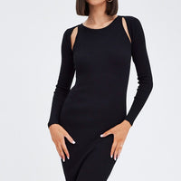 Black Midi Dress Long Sleeve Keyhole Bodycon Rib Knit