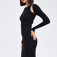 Black Midi Dress Long Sleeve Keyhole Bodycon Rib Knit