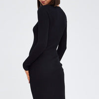 Black Midi Dress Long Sleeve Keyhole Bodycon Rib Knit