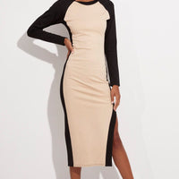 Beige Midi Dress Long Sleeve Round Neck Raglan Two-tone
