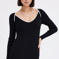 Black Midi Dress Long Sleeve Sweetheart Contrast Bind