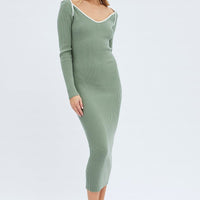 Green Midi Dress Long Sleeve Sweetheart Contrast Bind