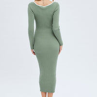 Green Midi Dress Long Sleeve Sweetheart Contrast Bind