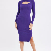 Purple Midi Dress Long Sleeve Round Neck Keyhole Rib Knit