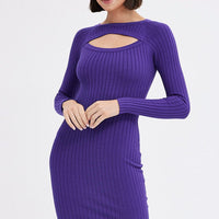 Purple Midi Dress Long Sleeve Round Neck Keyhole Rib Knit