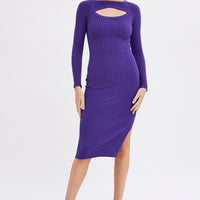 Purple Midi Dress Long Sleeve Round Neck Keyhole Rib Knit