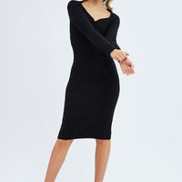 Black Midi Dress Long Sleeve Sweetheart Neckline Knit