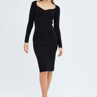 Black Midi Dress Long Sleeve Sweetheart Neckline Knit