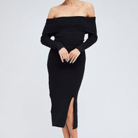 Black Midi Dress Long Sleeve Off Shoulder Bardot Knit