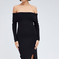 Black Midi Dress Long Sleeve Off Shoulder Bardot Knit