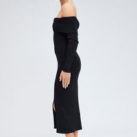Black Midi Dress Long Sleeve Off Shoulder Bardot Knit