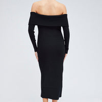 Black Midi Dress Long Sleeve Off Shoulder Bardot Knit