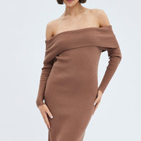Brown Midi Dress Long Sleeve Off Shoulder Bardot Knit