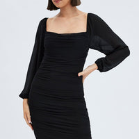 Black Midi Dress Long Sleeve Square Neck Ruched Bodycon