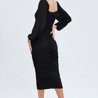 Black Midi Dress Long Sleeve Square Neck Ruched Bodycon