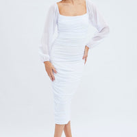 White Midi Dress Long Sleeve Square Neck Ruched Bodycon
