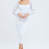 White Midi Dress Long Sleeve Square Neck Ruched Bodycon