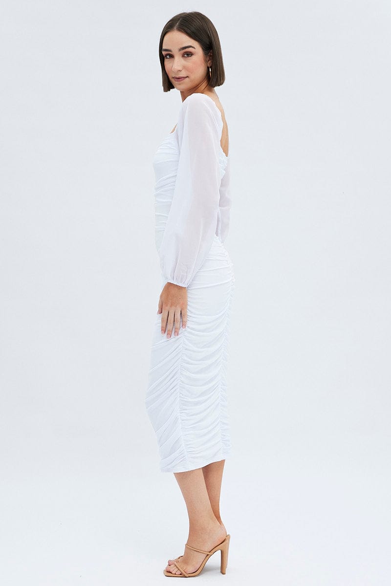 White Midi Dress Long Sleeve Square Neck Ruched Bodycon