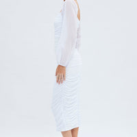 White Midi Dress Long Sleeve Square Neck Ruched Bodycon
