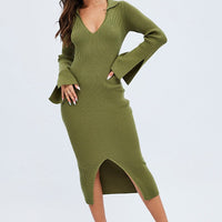 Green Midi Dress Long Sleeve V-Neck Collared Knit